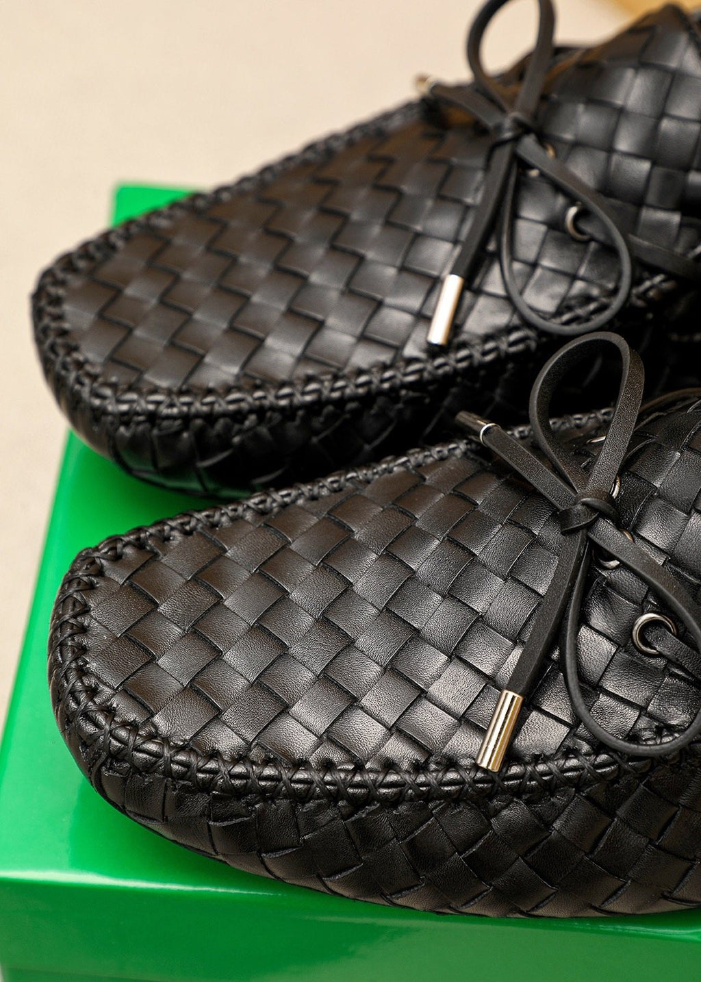 Bottega Veneta Black Woven Lace-Up Loafers