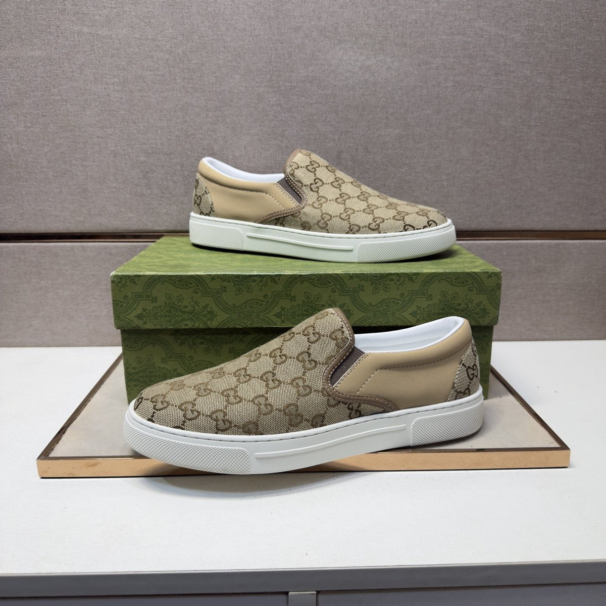 Gucci Men's Beige Patterned Slip-On Sneakers