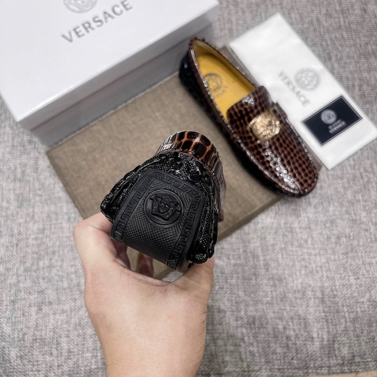 Versace Men's Brown Embossed Medallion Loafers