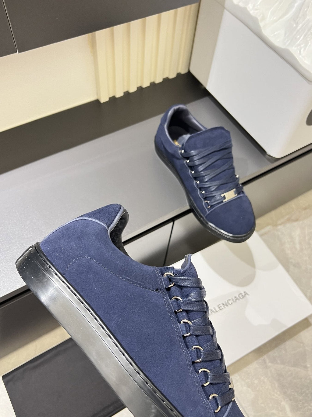 Balenciaga Navy Blue Textured Low-Top Sneakers