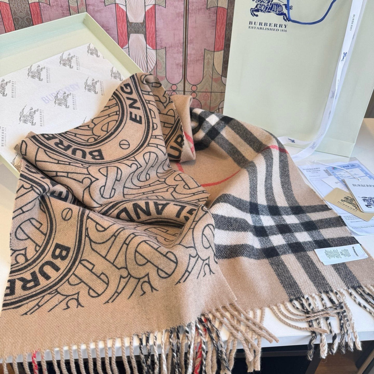 Burberry Beige & Black Patterned Fringe Scarf