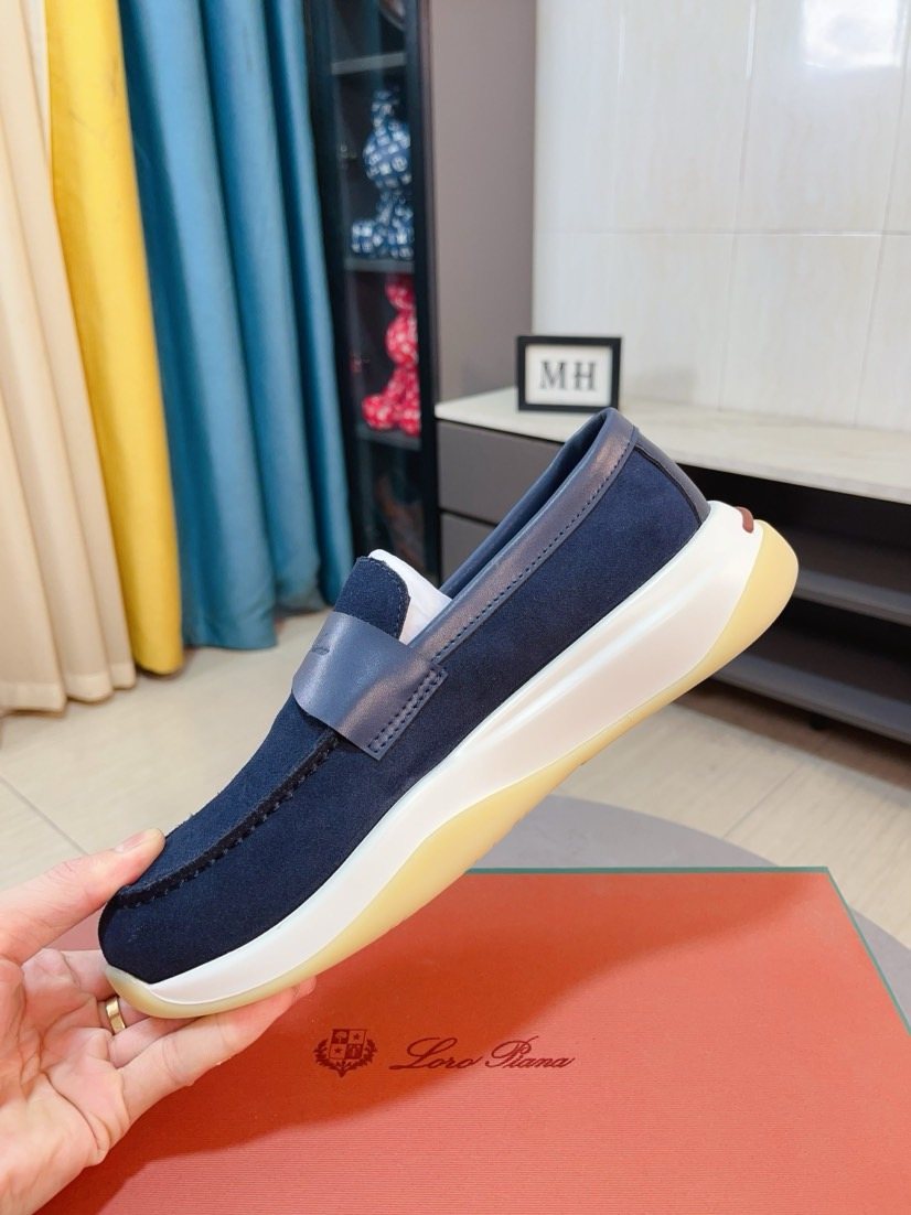Loro Piana Navy Blue Contrast-Strap Loafers